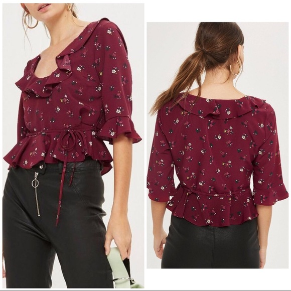 Topshop Tops - NWT TopShop Ditsy Print Frill Blouse 6 burgundy floral